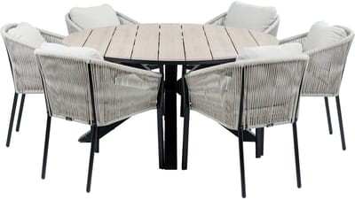 7-delige ronde tuinset | 6 Elvira tuinstoelen (Black) | Tuintafel Cyprus ø150cm (Wood)