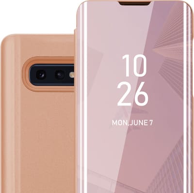 Cadorabo Hoesje geschikt voor Samsung Galaxy S10e in KUNZIET ROZE - Clear View Spiegel Beschermende Case met Tribunefunctie 360 Graden Bescherming Book Case Cover Etui