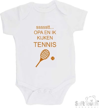 100% katoenen Romper "ssssstt... Opa en ik kijken tennis" Unisex Katoen Wit/tan Maat 62/68