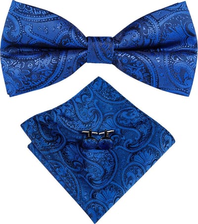 Sorprese Vlinderdas Set - Inclusief Pochet en Manchetknopen - 100% Zijde - Paisley Blauw - Luxe Heren Accessoireset - Strik - Vlinderstrik