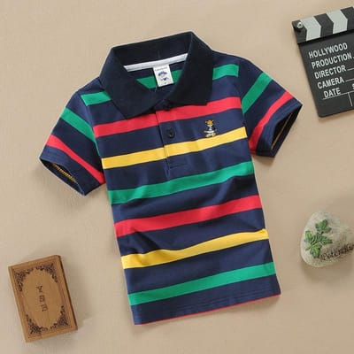 Puur Katoenen T-shirt, Kleurrijk Gestreept Revers Kinder T-shirt met Korte Mouwen, Gestreept POLO Shirt voor Middelgrote en Grote Kinderen 165cm black