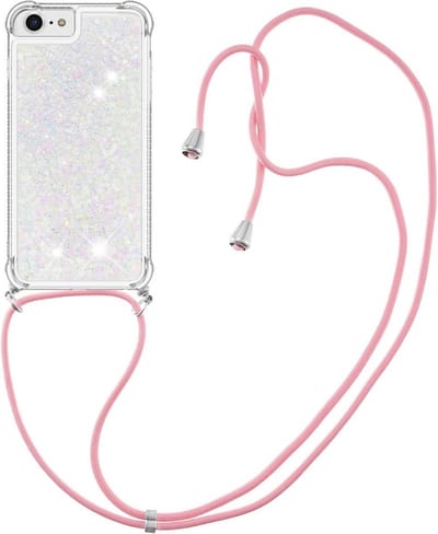 Coverup Hoesje - Geschikt voor iPhone SE (2022/2020), iPhone 8 / 7 Hoesje - Coverup Liquid Glitter Back Cover met Koord - Wit