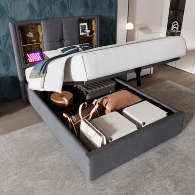DESMIU Gestoffeerd Bed 90x200 Cm – Draadloos Opladen En Usb C – Opklapbare Lattenbodem Met Opbergruimte – Zonder Matras – Katoen – Grijs
