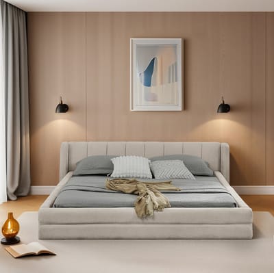 Wishdor Tweepersoonsbedframe – 160 x 200 cm – Chenille Bekleding – Ergonomisch Hoofdbord – Versterkt Stil Frame – Beige – Minimalistisch Europees Ontwerp – Stabiel tot 300 kg – Geschikt voor Matras >20 cm