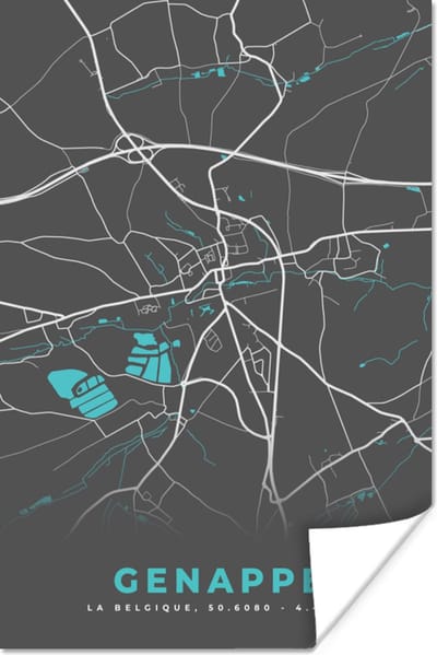 Poster België – Genappe – Stadskaart – Kaart – Blauw – Plattegrond - 120x180 cm XXL