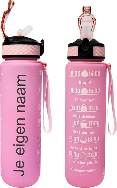 LaCardia Waterfles met Eigen Naam 1 Liter - Drinkfles met Fruitfilter & Tijdmarkering - BPA vrij - Drinkbus Voor Kinderen en Volwassenen - Sportfles & Travel mug - Roze