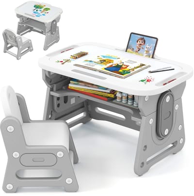 COSTWAY Kinderbureauset met stoel, kindertafel incl. kantelbaar whiteboard, boekenstandaard en concave plank, bureau-kinderstoel voor jongens en meisjes vanaf 3 jaar (grijs)