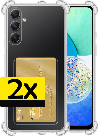 Hoesje - 2 Stuks - Geschikt voor Samsung Galaxy A14 - Met Pashouder en Kaarthouder - Telefoon Hoes Shockproof - Siliconen Case - Back Cover - Shock Proof - Pasjes Houder - Telefoonhoesjes - Transparant