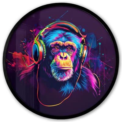 Poster in lijst Rond - Fotolijst 40x40 cm - Posters - Aap - Koptelefoon - Muziek - Kleurrijk - Ronde posterlijst zwart - Decoratie - Wanddecoratie woonkamer - Muurdecoratie slaapkamer
