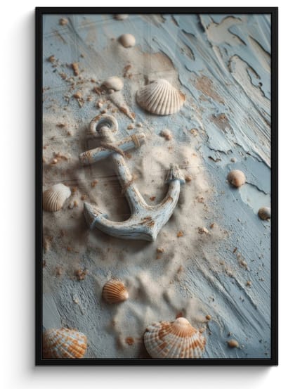 Poster in lijst - Fotolijst 80x120 cm - Posters - Anker - Hout - Schelpen - Zand - Posterlijst zwart - Decoratie - Wanddecoratie woonkamer - Muurdecoratie slaapkamer