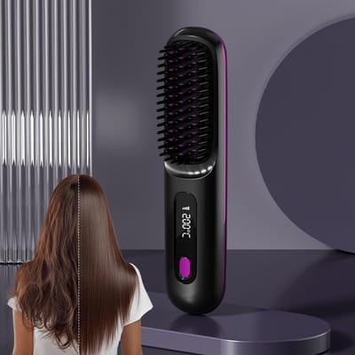 Stijltang - Draadloze stijltangborstel - Draagbare mini-stijltangborstel - Met 3 temperatuurstanden en led-display - USB-oplaadbare - Snel opwarmende stijltangborstel - Voor op reis (zwart)