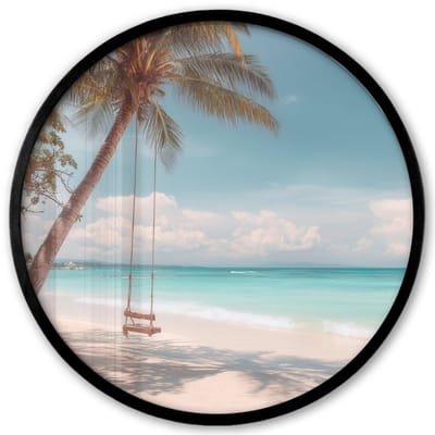 Poster in lijst Rond - Fotolijst 40x40 cm - Posters - Palmboom - Schommel - Strand - Lucht - Ronde posterlijst zwart - Decoratie - Wanddecoratie woonkamer - Muurdecoratie slaapkamer
