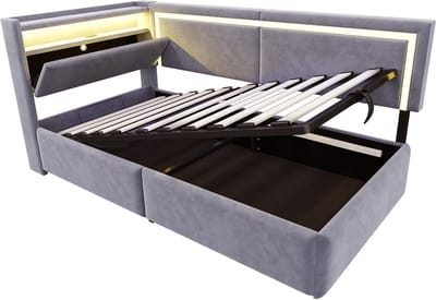 COVREO Slaapbank met LED en USB – 90x200 cm – Bedbank van fluweel met opbergruimte – voor slaapkamer – Lichtgrijs - zonder matras