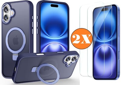Hoesje Geschikt voor iPhone 16 Plus MagSafe Hoesje met Ring Stand Blauw - Hoesje MagSafe iPhone 16 Plus Screenprotector Gehard Glas 2X