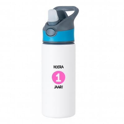 Hacebo® - Hoera 1 jaar waterfles met rietje blauw - Verjaardag - Jarigen - Verjaardagscadeau - baby - Happy birthday - water fles - 650ML