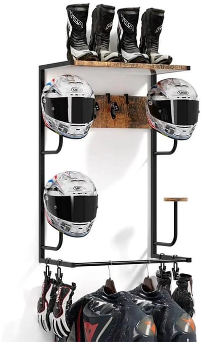 Emvae Helmhouder - Wandrek voor Helmen - Kapstok motor accessoires - Met 4 Clips en 4 Haken - 42 x 82 x 25 cm - IJzer en Hout - Zwart