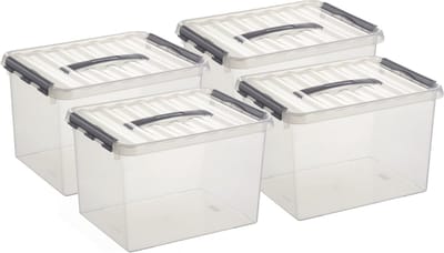 Set van 12x stuks sunware q-line opberg box/opbergdoos - 22 liter - 40 x 30 x 26 cm - kunststof - opslagbox - transparant/zilver