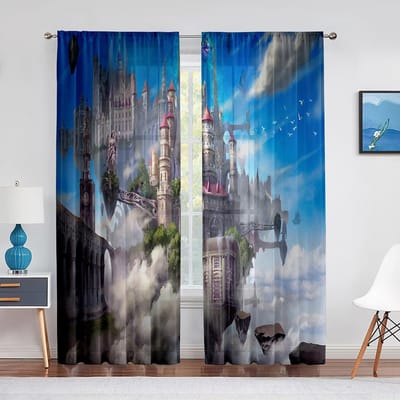 Fantasiekasteelstad naast bergen Sheer voile gordijn Bos Rivier Raam Tule Gordijnen voor Woonkamer Slaapkamer Moderne Decoratie 1 PCS W100XH250cm&Grommet Top
