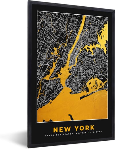 Fotolijst incl. Poster - New York - Stadskaart - Goud - Kaart - Plattegrond - 40x60 cm - Posterlijst