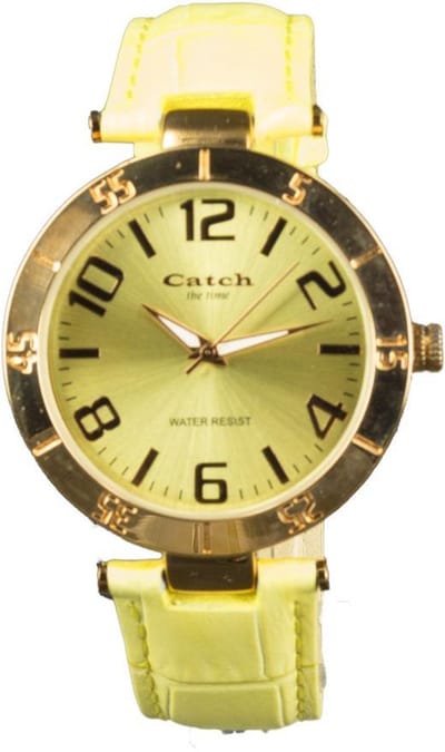 Catch® the time pastel geel horloge met rosé kleurige kast en leren band