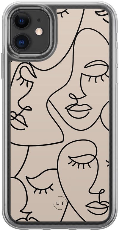Hoesje geschikt voor iPhone 11 - Abstract faces - 2in1 backcover - Print / Illustratie - Beige - Leuke Telefoonhoesjes
