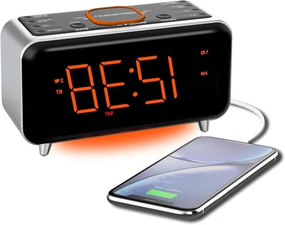 Dubbele Wekkerradio - Digitale Klok - Wakker Worden - Automatische Tijdinstelling - 14 inch Display - Grijs