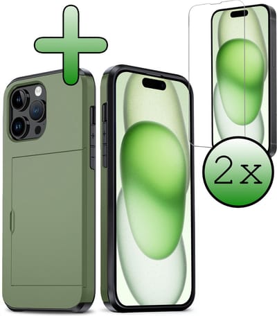 Hoes Geschikt voor iPhone 15 Pro Hoesje Hard Case Met Pas Houder Met 2x Screenprotector - Hoesje Geschikt voor iPhone 15 Pro Hoes Shockproof Hard Cover Met Kaarthouder - Donkergroen