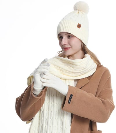 Winterwarme set van 3 - Muts, sjaal, handschoenen - Hoofdomtrek muts 54-60 cm - Muts 22 x 27 cm - Sjaal 26 x 180 cm - Handschoenen 23 x 9 cm - Oorwarmers voor op de fiets - Warmteproducten - Herfst- en winterproducten