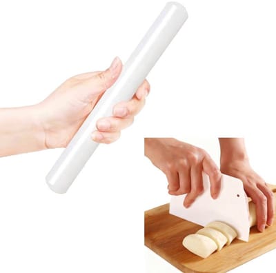 Deegroller en deeguitsteker (2-delig) - 33 cm lang - Wit - Diameter 3,5 cm - Geschikt om te bakken - Kan gebruikt worden om bladerdeeg, taartbodems of koekjesdeeg uit te rollen - Glad en makkelijk schoon te maken oppervlak - Schimmelwerende deegrolle