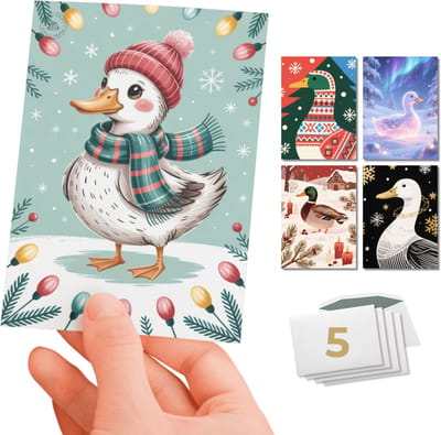 Inspra Studio – Luxe Kerstkaarten met Enveloppen – 5 Stuks – Dieren Wenskaarten Collectie – Mix van 5 Unieke Illustratiestijlen – Eend