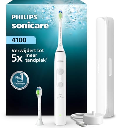 Philips Sonicare 4100 Series – Elektrische Tandenborstel – Wit – Wittere tanden – Met 2 opzetborstels & reisetui – HX4044/41