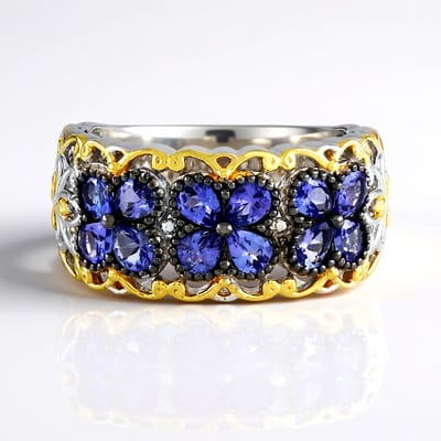 Cavill - 925 Sterling Zilveren Ring met 12 Peervormige Tanzanieten 1,728 ct - Palladium - Handgemaakt Bloemenmotief - Elegant Paarsblauw Sieraad