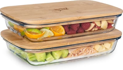 Vershoudbox met deksel 1,6 liter set van 2 glas bamboe hittebestendig