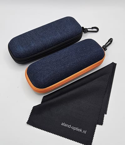 2 halfharde brillenkokers + 2 brillendoekjes / denim brillenkoker / brilkoker met rits / denim / zwart / oranje / set van 2 brillendozen / cadeau / boîte de rangement / hard jeans koker / brillenetui / brillenkoker dames heren kind / Aland optiek