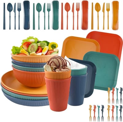 Complete 48-delige Onbreekbare Diner Set voor Kamperen, Lichtgewicht Plastic Borden en Schalen voor 4 Personen, Ideaal voor Buiten Eten, Magnetron- en Vaatwasserbestendig
