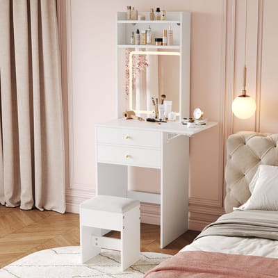 MODENUIT Kaptafel - Met Verstelbare Ledverlichting En Opklapbaar Blad - Voor Slaapkamer - Wit MDF - 75x45x156 Cm