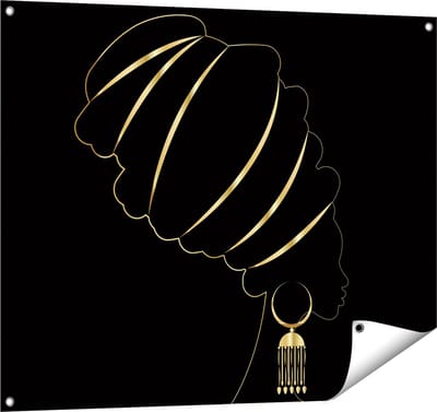 Gards Tuinposter Afrikaanse Vrouw met Gouden Zwarte Tulband - 100x80 cm - Tuindoek - Tuindecoratie - Wanddecoratie buiten - Tuinschilderij