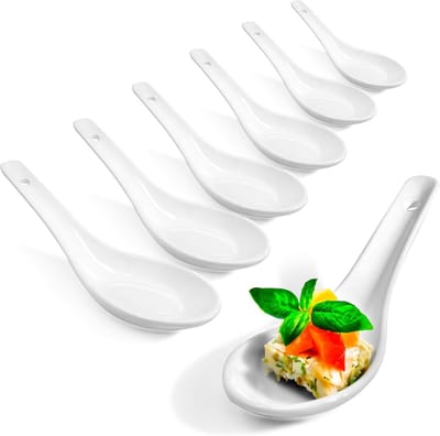 6x Aziatische soeplepels - rijstlepels van wit porselein - serveerlepels voor rijstkommen, ramen, voorgerechten, desserts - porseleinen lepelset - dim sum lepels (6 stuks - wit)
