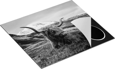 Chefcare Inductie Beschermer Schotse Hooglander in de Bergen - Zwart Wit - 60x50 cm - Afdekplaat Inductie - Kookplaat Beschermer - Inductie Mat