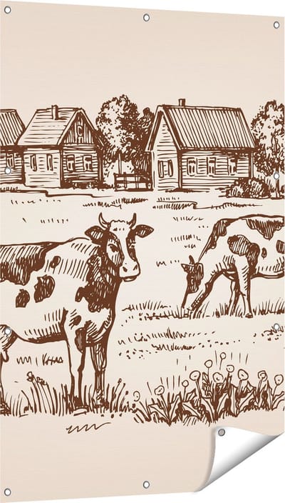 Gards Tuinposter Getekende Koeien op een Boerderij - Abstract - 80x120 cm - Tuindoek - Tuindecoratie - Wanddecoratie buiten - Tuinschilderij