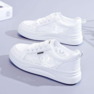 Baskets en maille pour femmes, chaussures vulcanisées, chaussures blanches à la mode, chaussures plates ajourées respirantes, chaussures à lacets décontractées d'été pour femmes 36 white