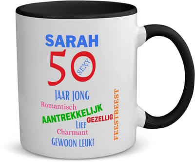 Akyol - sarah 50 jaar jong koffiemok - theemok - zwart - 49+1 - mensen die 50 zijn geworden - 50 jaar sarah en abraham cadeau - jubileum man en vrouw - verjaardags - grappige tekst - jarig - verjaardag - 350 ML inhoud