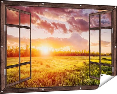 Gards Tuinposter Doorkijk Zonsopkomst in het Veld - 150x100 cm - Tuindoek - Tuindecoratie - Wanddecoratie buiten - Tuinschilderij
