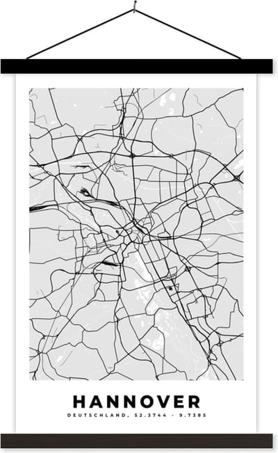 Posterhanger incl. Poster 40x60 cm - Schoolplaat - Hannover - Stadskaart - Plattegrond - Duitsland - Kaart - Textielposter - Zwarte latten - Stadskaart