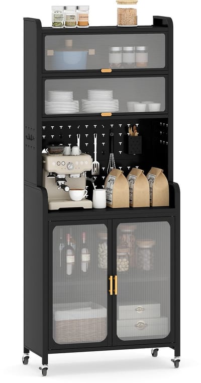 COSTWAY Keukenkast met wieltjes, keukenrek met werkblad, opklapbare pc-deuren, verstelbaar rek en gatenwand, staand rek van metaal, dressoir voor keuken, eetkamer, woonkamer, zwart