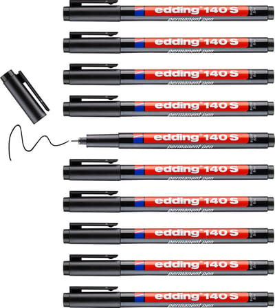 edding 140 S permanente pen - 10 stiften - zwart - ronde punt 0 3 mm - pen voor schrijven op glas plastic folies en gladde oppervlakken - permanent sneldrogend veegvast en watervast