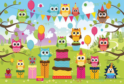 Fotobehang Owl Party | XL - 208cm x 146cm | 130g/m2 Vlies