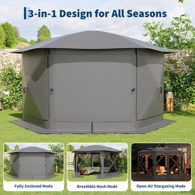 Luxe 6-Hoekige Pop-up Partytent - 350 x 350 cm - Grijs - Inclusief Muskietennet & 6 Windschermen - Snel Opzetbaar - Gazebo voor Tuin, Camping & Evenementen