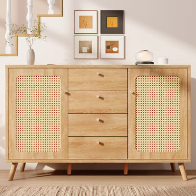 MODFU Opbergkast 140x40x86 cm van MDF/Spaanplaat, met 4 laden en 2 deuren, licht eiken