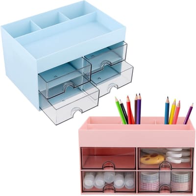 Set van 2 Multifunctionele Bureau Organisers met 4 Lades in Roze en Blauw, Ideaal voor Kantoor en Make-up, 21 x 12,2 x 12,2 cm